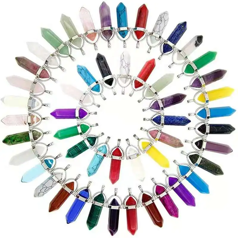 

Mix Crystal Natural Stone Pendant Necklaces Opal malachite Lapis Green Howlite Crystal Hexagonal Column Fashion Stone Jewelry