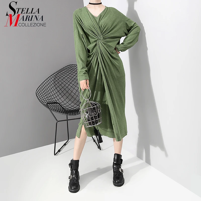 Новинка 2019 женское осеннее армейское зеленое платье с длинным рукавом v образный