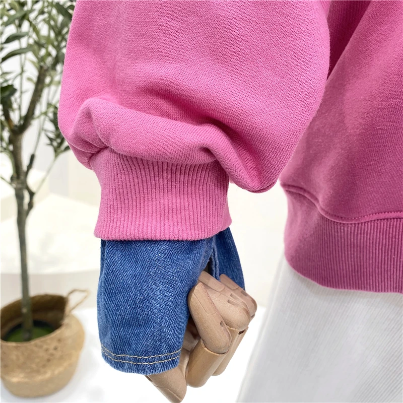 

Stitched Denim Design Fake Two Cartoon Print Loose Collar Collar Collar Head Sanitary Clothes Women Spring and Autumn Top Tide