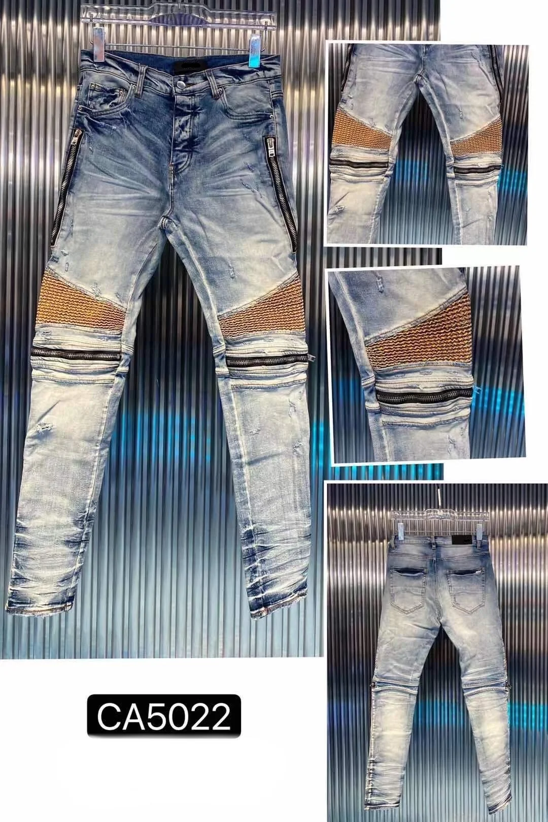 

patchwork High quality zipper ripped solid cut men's jeans light blue retro trend slim youth pants