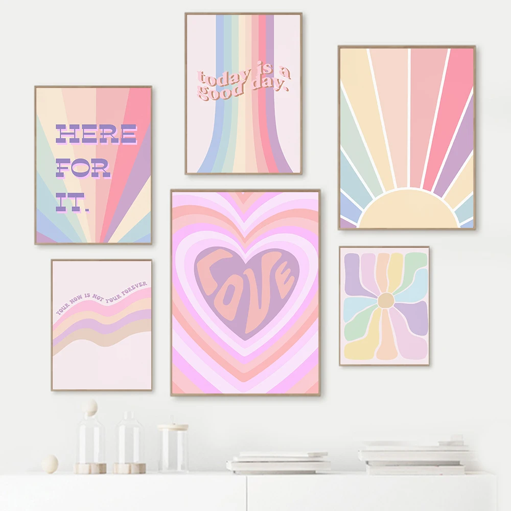 

Retro Vibes Love Heart Posters and Prints 70s Inspired Quote Wall Art Picture Rainbow Canvas Painting for Living Room Home Decor