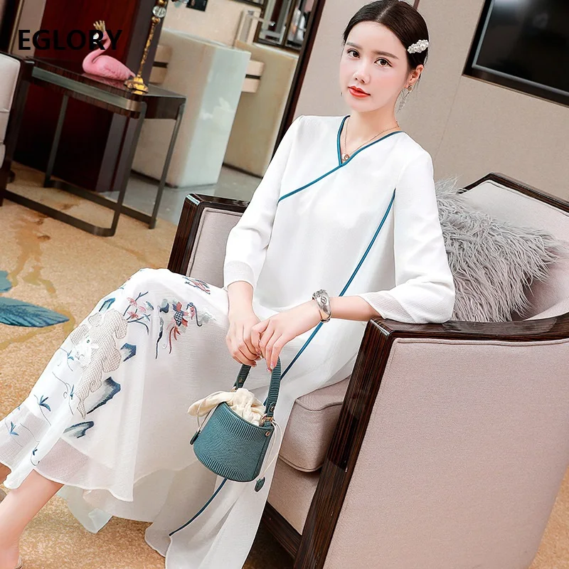 

Высококачественное Брендовое длинное платье Qipao, осень 2020, женское милое платье с вышивкой в виде животных белого и синего цвета, винтажное ...