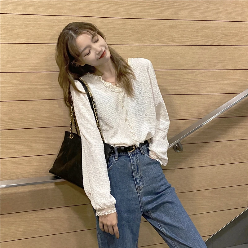 

spring new solid ruffles women's shirt elegant termperament all-match basic shirt 2021 new outgoing all-match streetwear new top