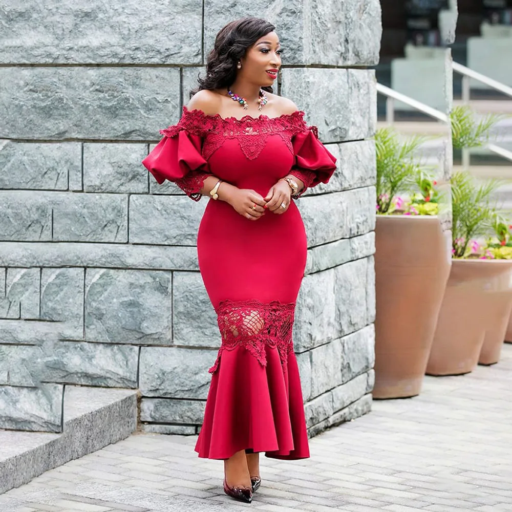 

Womens Long Breast Wrap Dress 2021 Autumn Winter New Fashion Red Lace Splicing Perspective One Word Collar Fishtail Dress Women