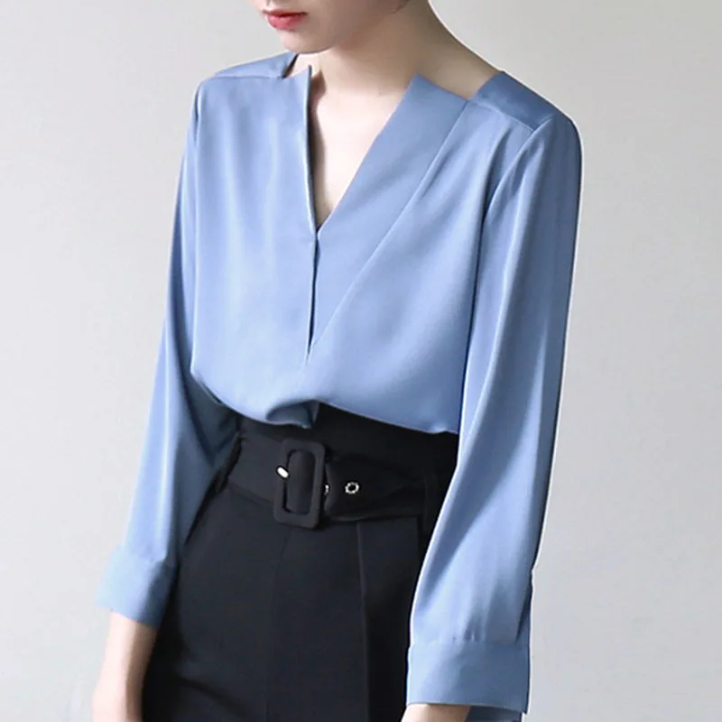 HG V шеи Блузка женская темно-синяя семь четвертей рукав Мода Простой Досуг