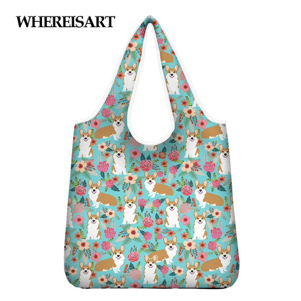 

WHEREISART New Arrival Shopper Bag Cute Corgi Dog With Flower Printing Ladies Large Capacity Totes Bag Outdoor Shopping Bolsas