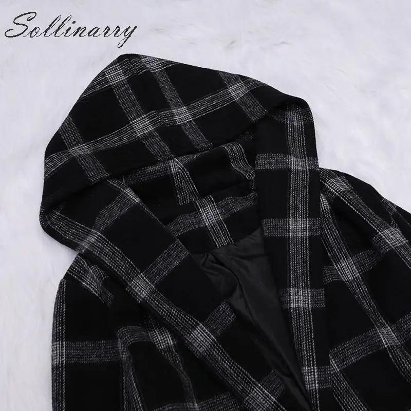 Sollinarry High Fashion Black Women Long Coats Trench Elegant Autumn Winter Hodded Sash Jacktes Female Casual Coat Outwear Plaid | Женская