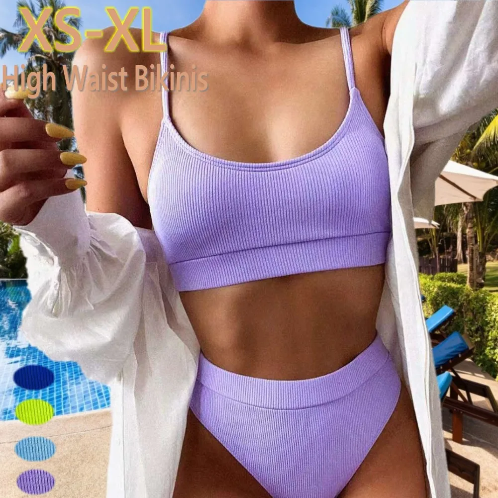 

2021 High Waist Bikinis Swimsuits Women Push Up Swimwear Ribbed Strap Bathing Suit Biquini Brazilian Bikini 2021 New Beachwear