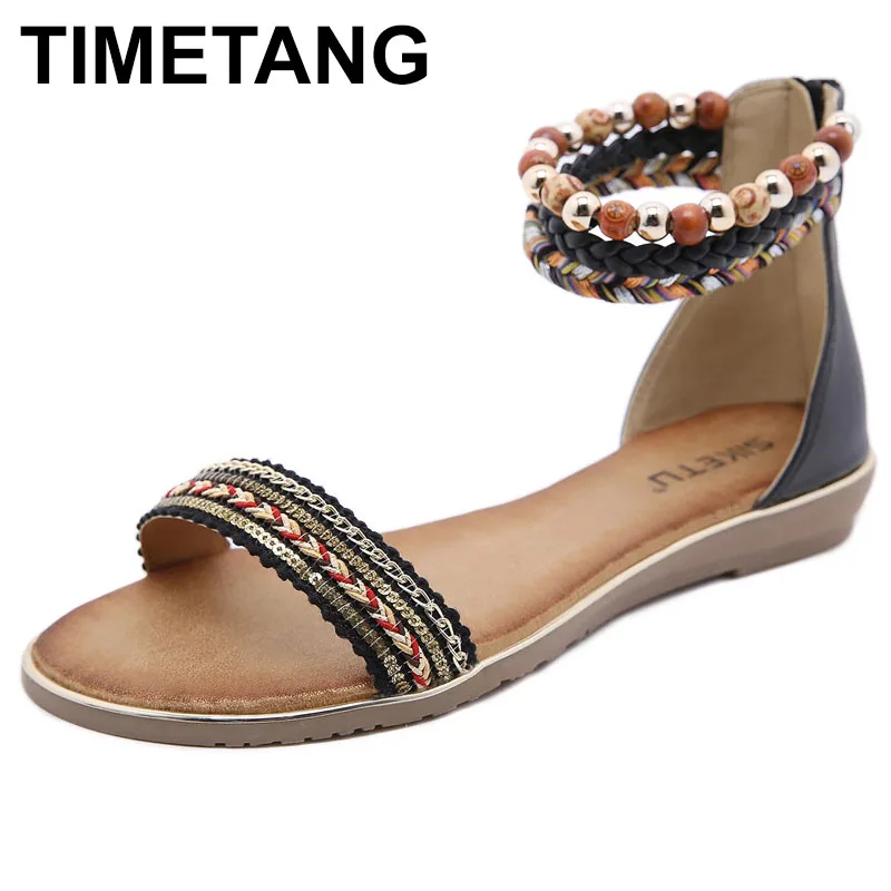 

TIMETANGNew Women Shoes Comfort Rome Gladiator Beaded Casual Beach Sandals Female Summer Zip Ladies Sandalias Large Size 35-42