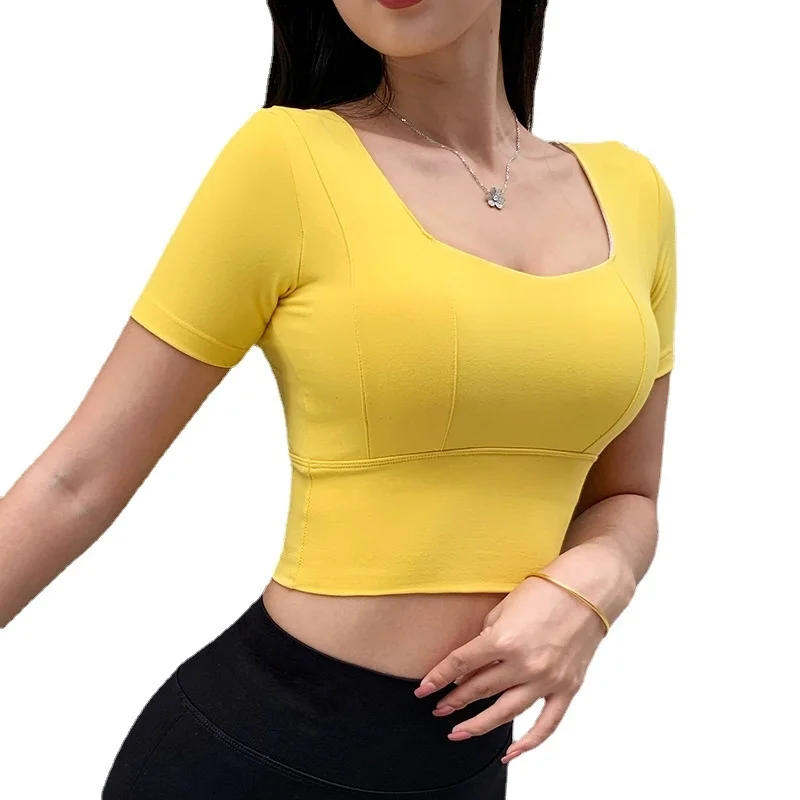 NCLAGEN Yoga Blouse Short Sleeve Push-up Sports Top Women Square Neck Gymwear Elastic Naked-feel Fabric Workout Fitness T-shirt | Спорт и