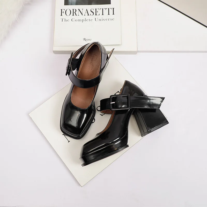 

High Heeled Women's Mary Jane Shoes French Thick Heeled Women's Leather Loafers Shoes Zapatillas Mujer Women Boat Shoes