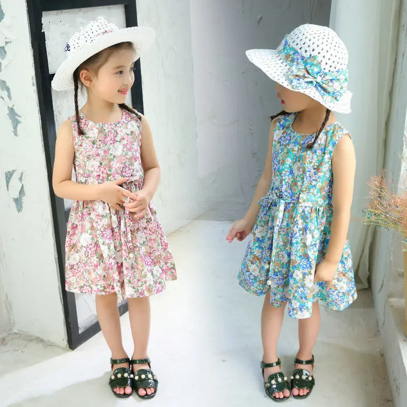 

2pcs/set Kids Girl Summer Floral Dress + Hat 100% Cotton Children's Dresses Up 2021 Sleeveless Vestidos For Girls Clothing 1-6Y