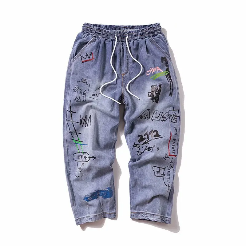 American High Street Letter Printed Jeans Men's Spring and Autumn Hiphop Pants Straight Blue Baggy Jeans Graffiti Jeans Men