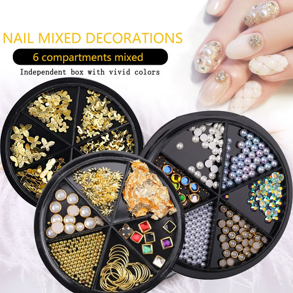 

1 коробка разных рамок для дизайна ногтей, заклепки для ногтей, аксессуары для дизайна ногтей, сплав, окантовка, жемчуг, ювелирные изделия, детали для дизайна ногтей