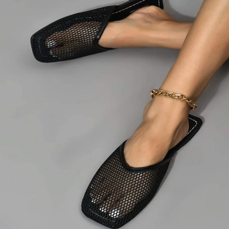 

Autumn and winter women's slippers square head mesh hollow black sandals women's Muller half slippers comfortable casual shoes