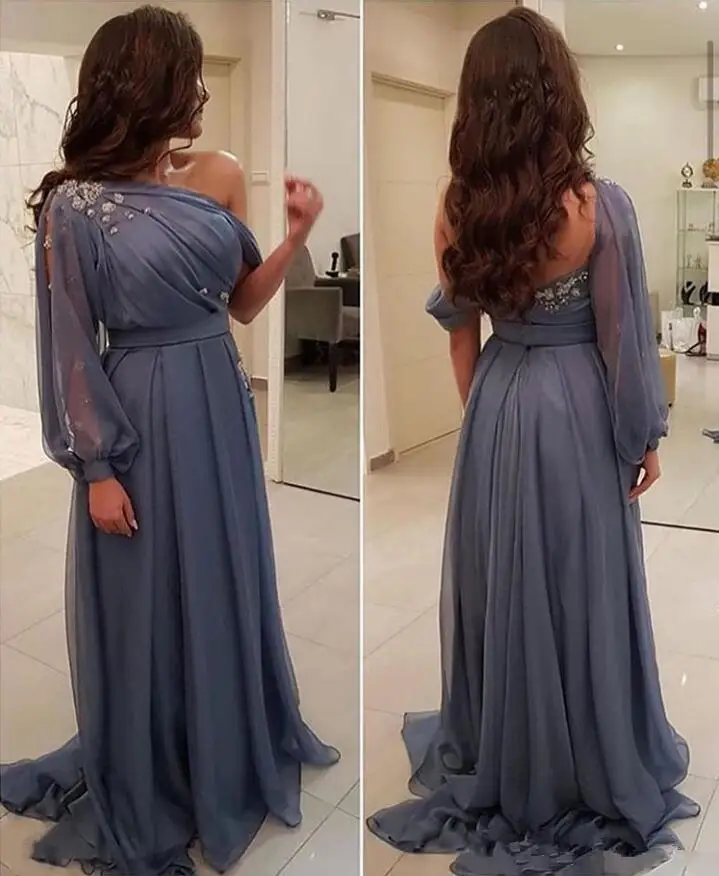 

Арабские Вечерние платья на одно плечо, шифоновое официальное женское платье со шлейфом, оборками, длинным рукавом, аппликацией и бусинами