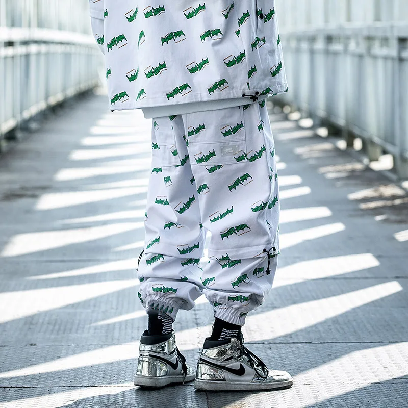 

Techwear Full Print Hip Hop Drawstring Cargo Pants Men Hit Block Color Sports Trousers Oversized Joggers Casual Harem Streetwear