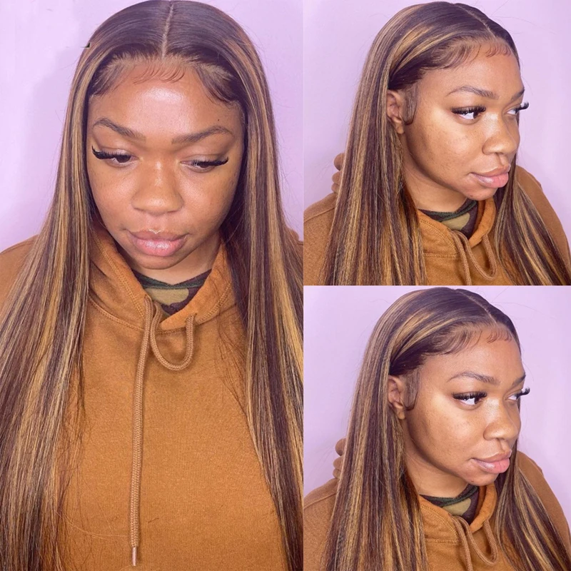 

Highlight Color Long Straight Human Hair Natural Hairline Scalp Top Closure Wigs Bleached Knots Transparent Lace Front Wigs