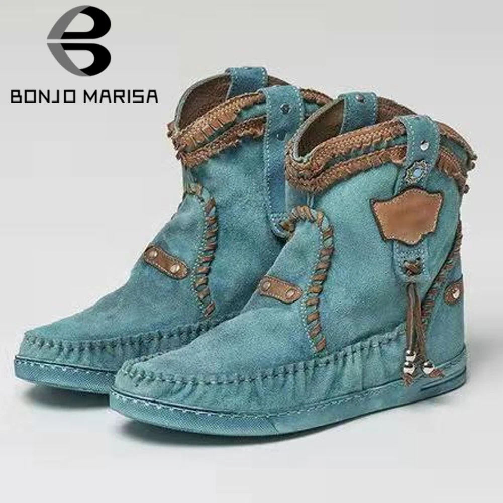 

BONJOMARISA Hot Sale Sewing Western Fashion Retro Pleated Ankle Boots Women Casual Low Heel Autumn Dress Shoes Woman