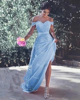 elegant light blue pink arabic evening dress sexy off the shoulder lace mermaid prom dresses dubai satin robe de mari%c3%a9e femme