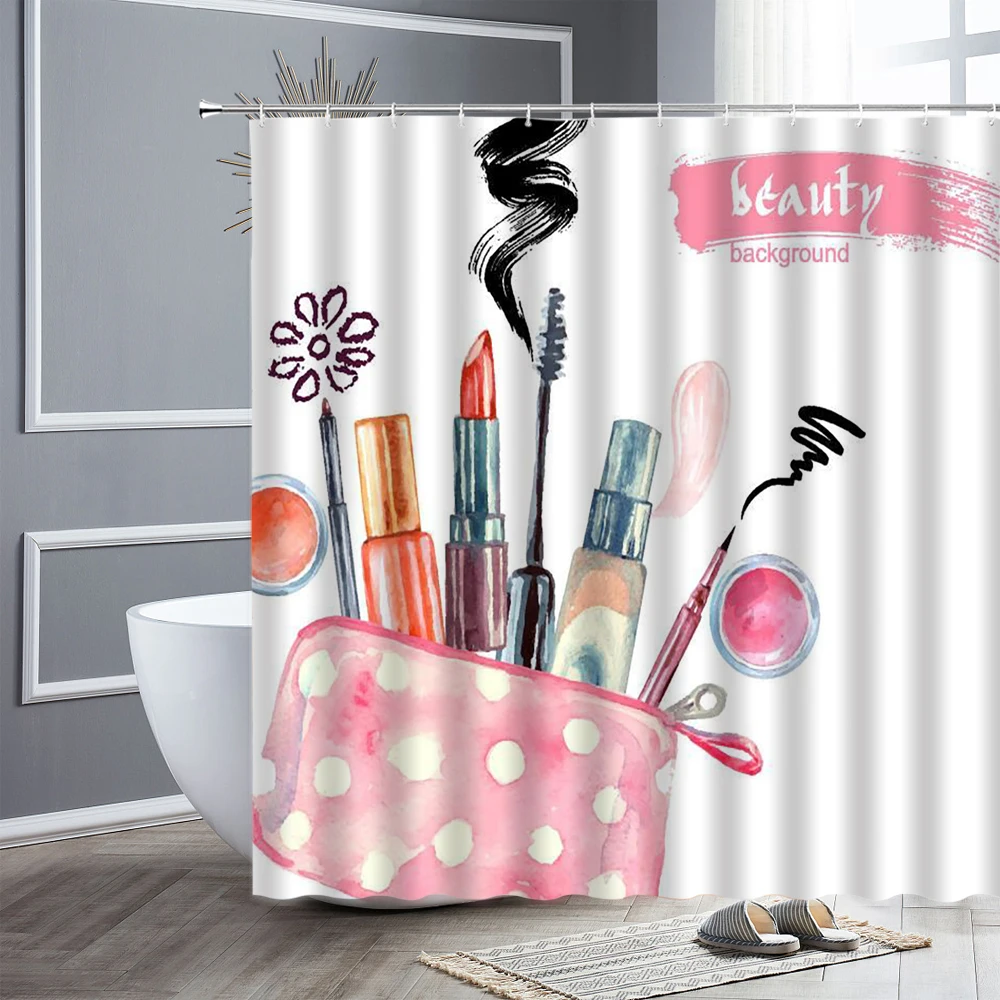 

Girl Water Color Lipstick Makeup Shower Curtains Hand Painted Cosmetics Printing Modern Fashion Ladies Home Decor Curtain Gift