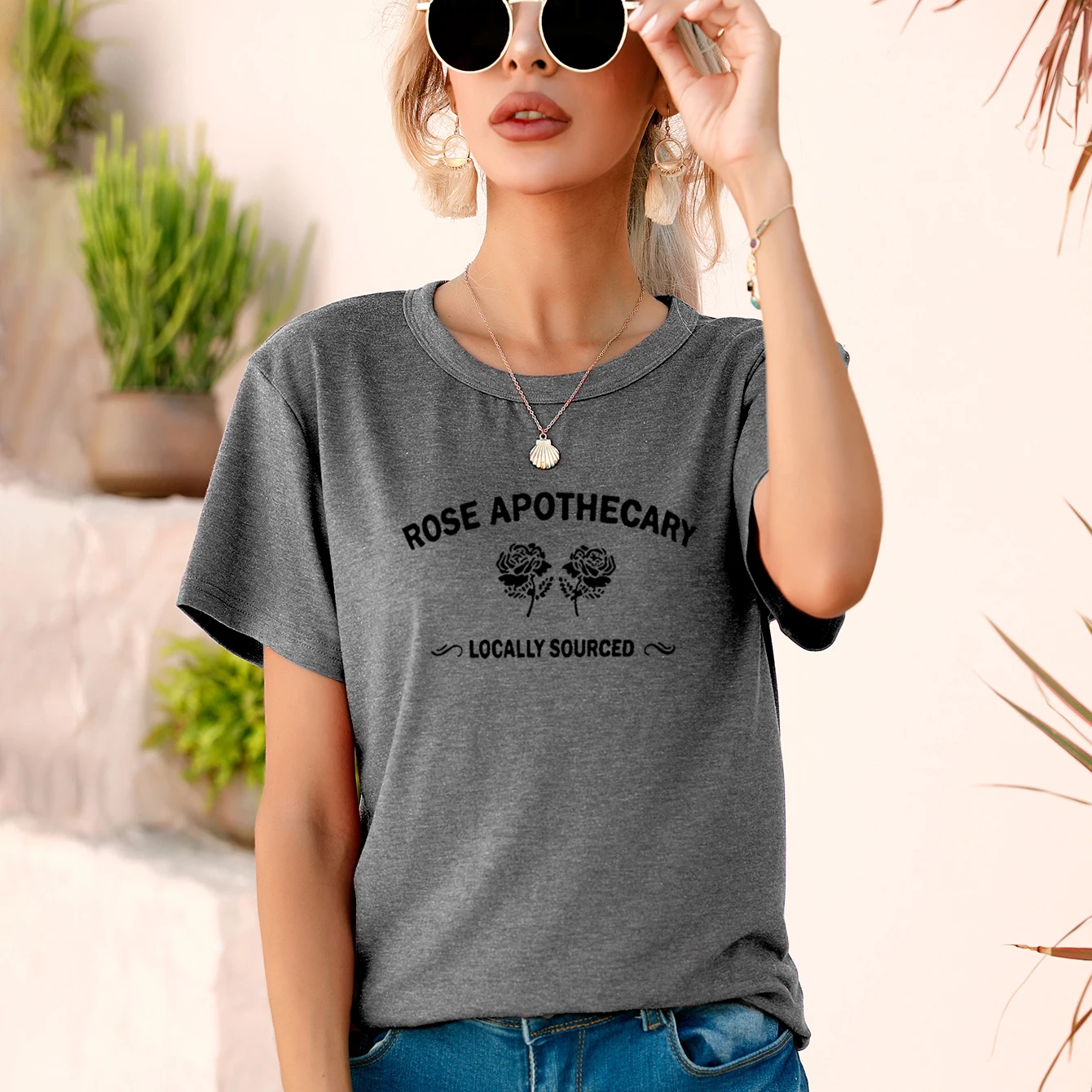 

Females Clothes Rose Apothecary Letter Print Graphic Creative Ventilate Simple Short Sleeve Round Neck Originality Fashion Tops