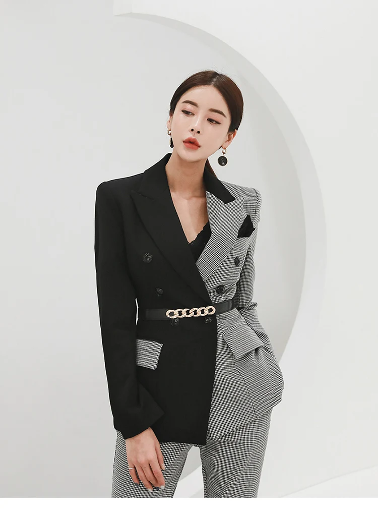 

2020 Autumn 2 Pieces Set Women Office OL Hit color patchwork Notched Collar Blazer Jacket & pencil Pant Suits Wear to Work Suits
