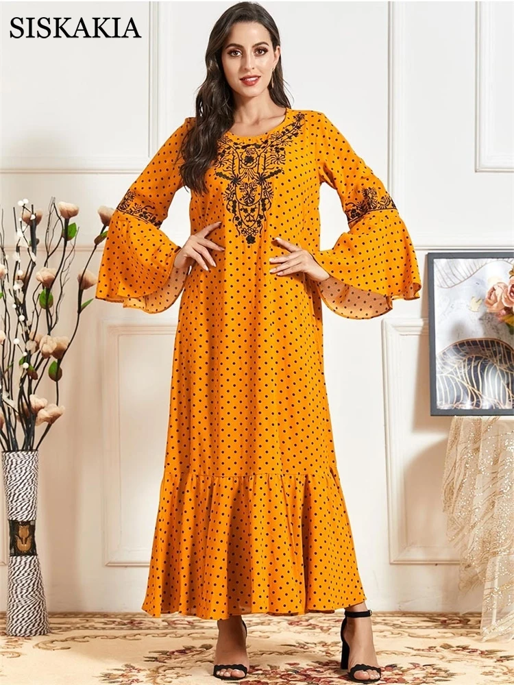 

Polka Dot Plus Size Maxi Dress for Women 2021 Flare Long Sleeve Ethnic Embroidery Loose Arabic Oman Qtar Turkey Muslim Clothes