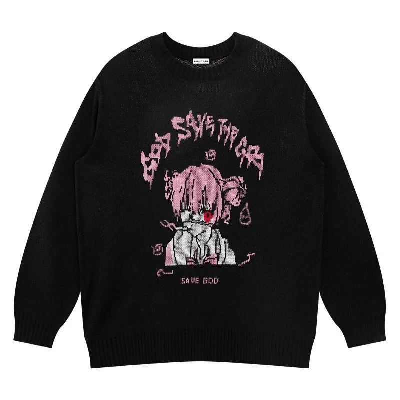 

Black Sweater Women Harajuku Cartoon Girl Knitted Pullover 2021 New Fashion Pull Femme Korean Ulzzang Jumper