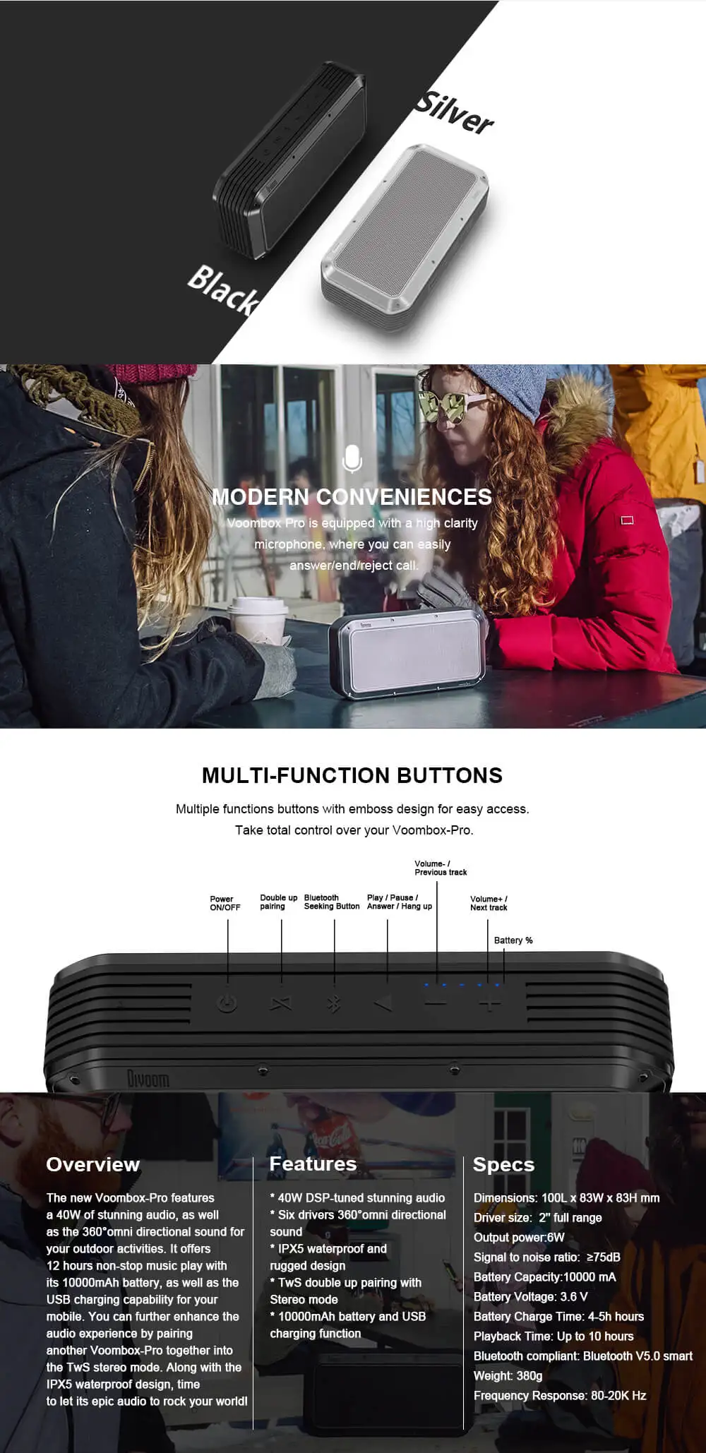 Divoom Voombox Pro Портативный Bluetooth Беспроводной динамик 40 Вт супер бас с 10000 мА/ч, для 18 часов проигрывания IPX5 водостойкий