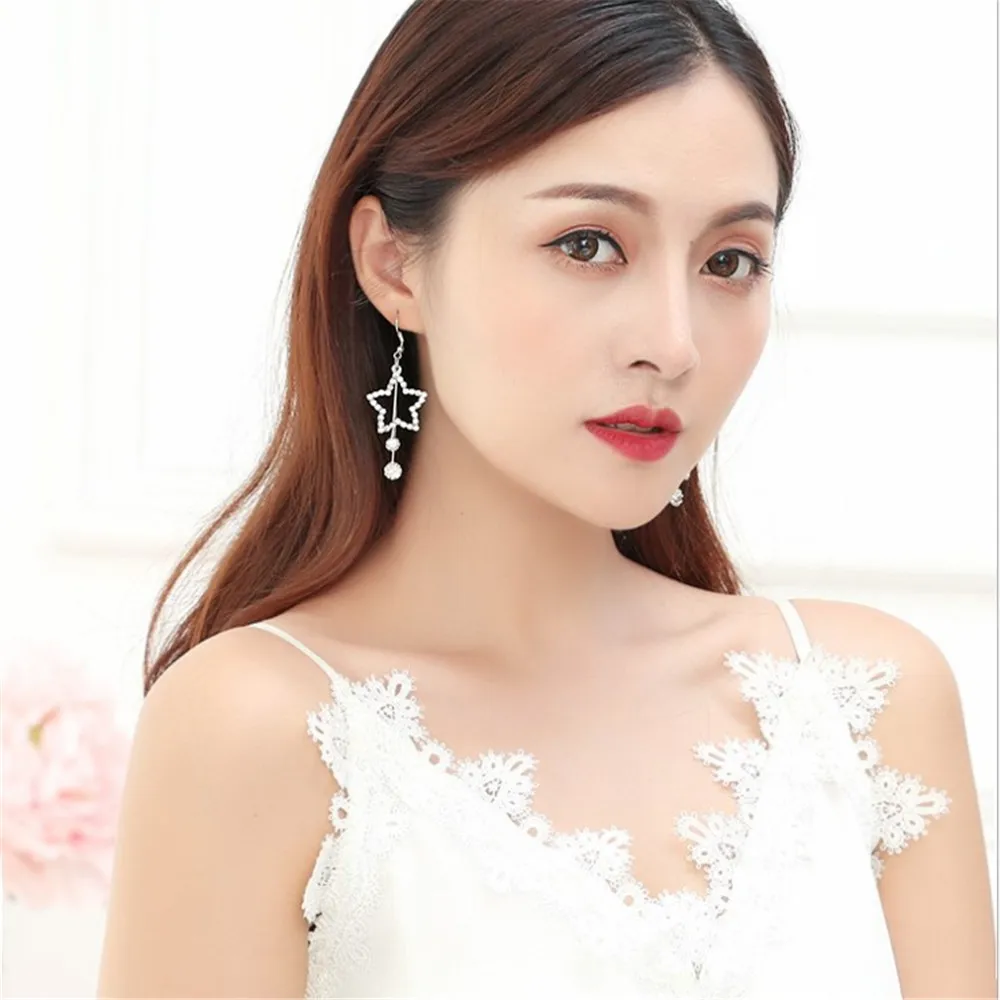 Новые модные длинные висячие серьги с пятиконечной звездой женские кристаллами