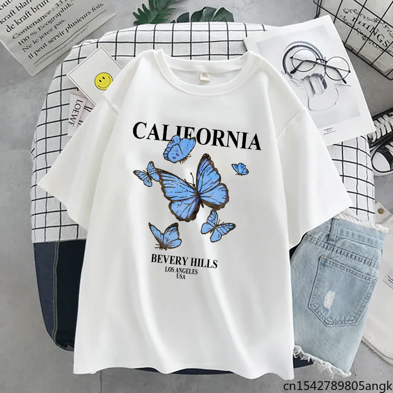 

Summer Gothic Aesthetics Loose Ladies T-shirt Purple Butterfly Print Street Style Ladies Harajuku Clothes Y2K