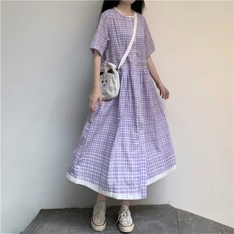 Летнее Хлопковое платье трапециевидной формы с О-образным вырезом и коротким