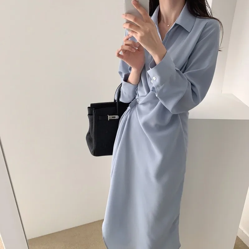 

GOOHOJIO 2020 Autumn Fashion Long Sleeve Shirt Women Dress Oversized Casual Dress Women Solid Color Temperament Dresses Female