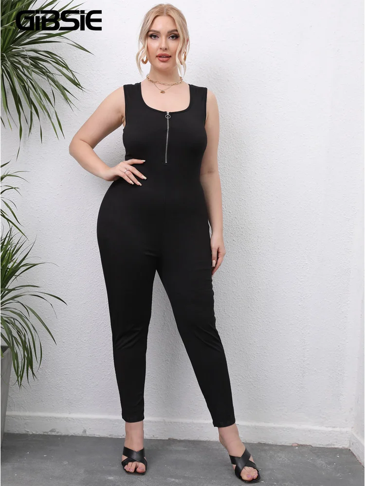 

GIBSIE Plus Size Black Scoop Neck Zip Front Skinny Jumpsuit Women Summer High Waist Sleeveless Rib-knit Tank Jumpsuits 2022