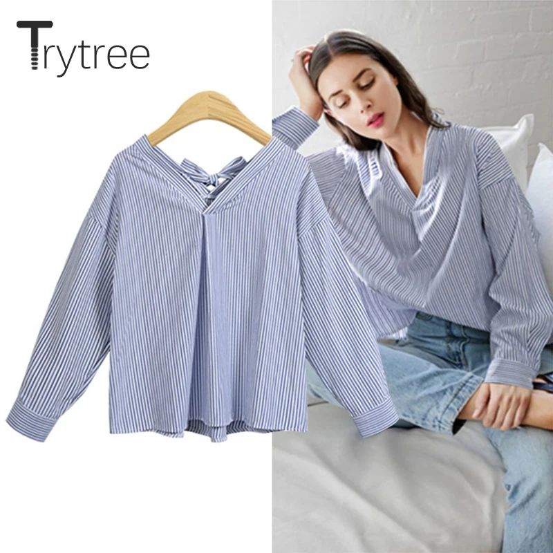 Trytree 2020 Весенняя женская блузка повседневная с v образным вырезом в полоску
