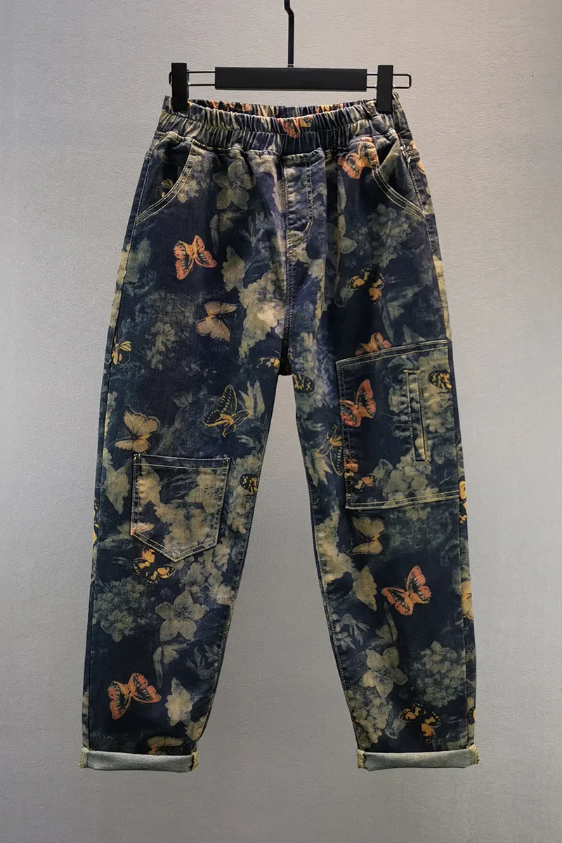 

Large Size Jeans Women's 2020 Autumn New High Waist Loose Butterfly Printed Denim Pants Girls Students Casual Cowboy Pants Jeans