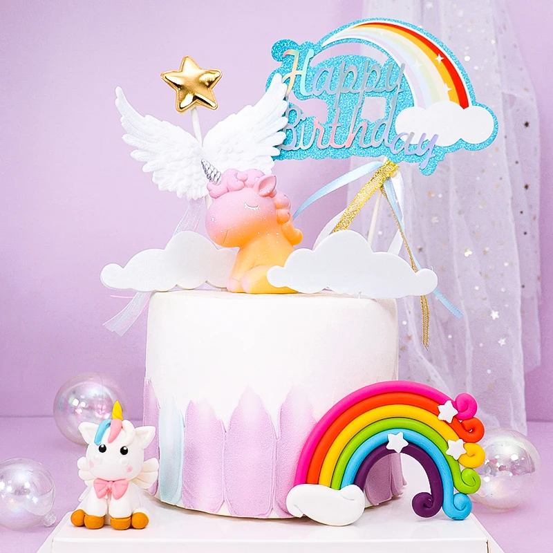 Cakesmile Rainbow Unicorn Cake Topper Cloud Flags Birthday Kids Favors Decoration Cupcake for Wedding Dessert | Дом и сад
