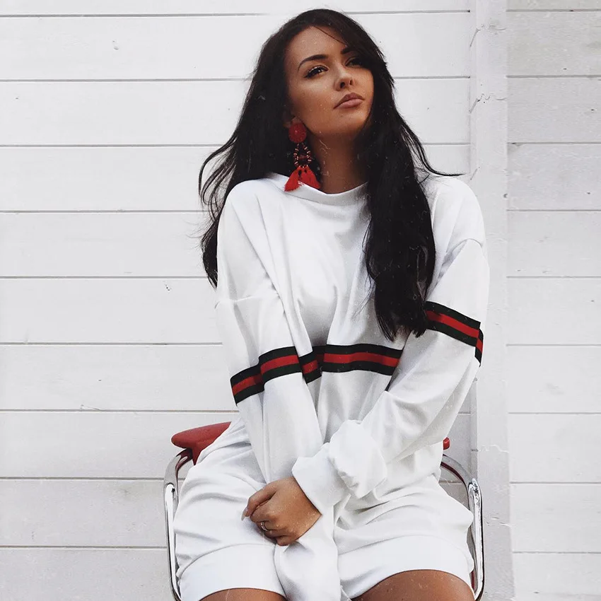 Женское платье свитшот в полоску с круглым вырезом и длинным рукавом|Женские