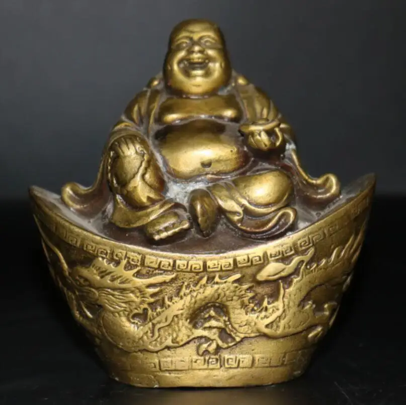 

China brass dragon phoenix yuan treasure maitreya Buddha crafts statue