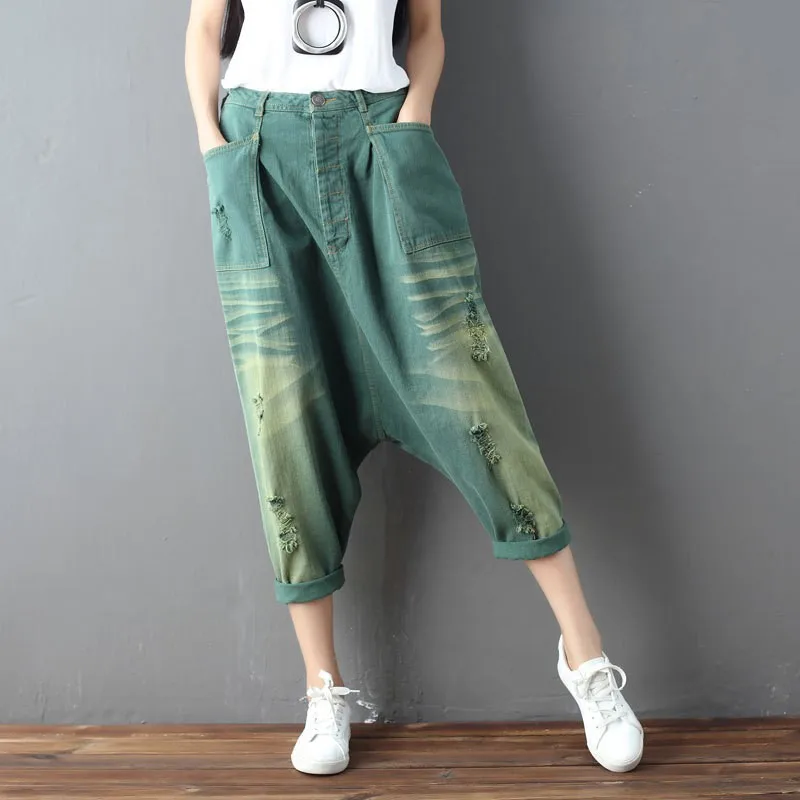 

New Harajuka Womens Sweeping Cross Harem Wash Denim Pants Hole Ripped Vintage Loose Fit Female Trousers Fashion Streetwear
