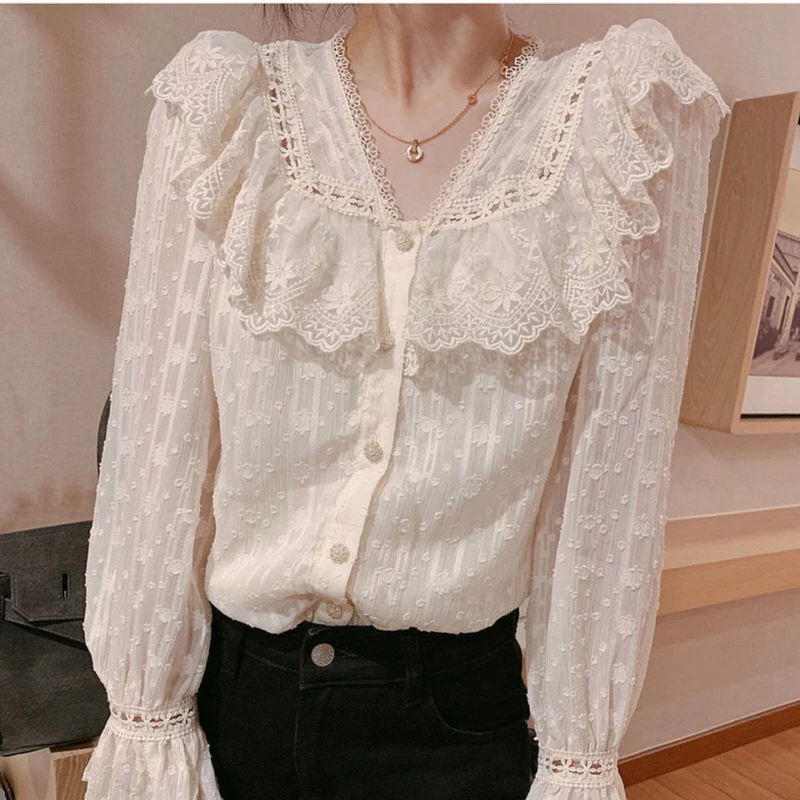 

spring Women solid elegant lace blouse office ladys lantren sleeve ruffles Korean tops female Mesh Sheer Sexy shirts