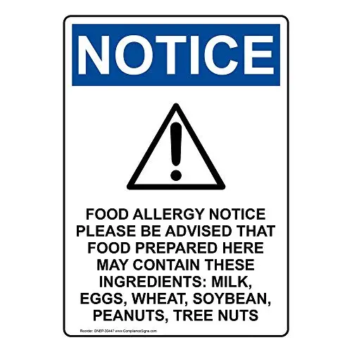 

Vertical Notice Food Allergy Notice OSHA Safety Sign, 10x7 inch Plastic for Safe Food Handling by ComplianceSigns