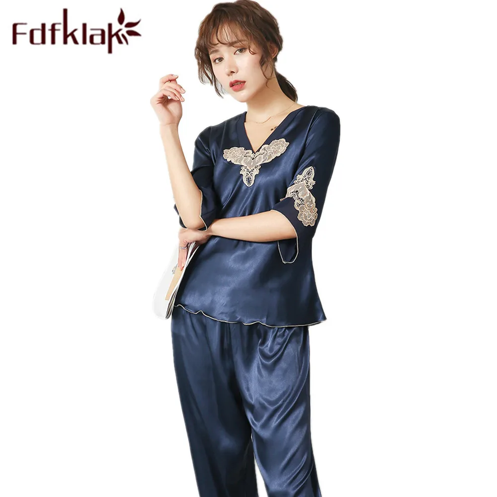 Fdfklak Silk Pajamas V-Neck Pyjamas Woman Night Sleepwear Set Pijama Sexy 2 Piece Home Clothes 2020 New Summer Top+Pant | Женская одежда