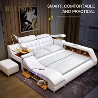 leather master room wedding bed with solid wooden frame smart furniture for home italian designed bedroom set massage function