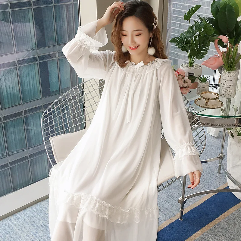Fairy Palace Nightdress Spring Autumn Long Dress Retro Princess Style Cotton Long Sleeve Lace Nightgown Sexy Sleepwear Nightwear