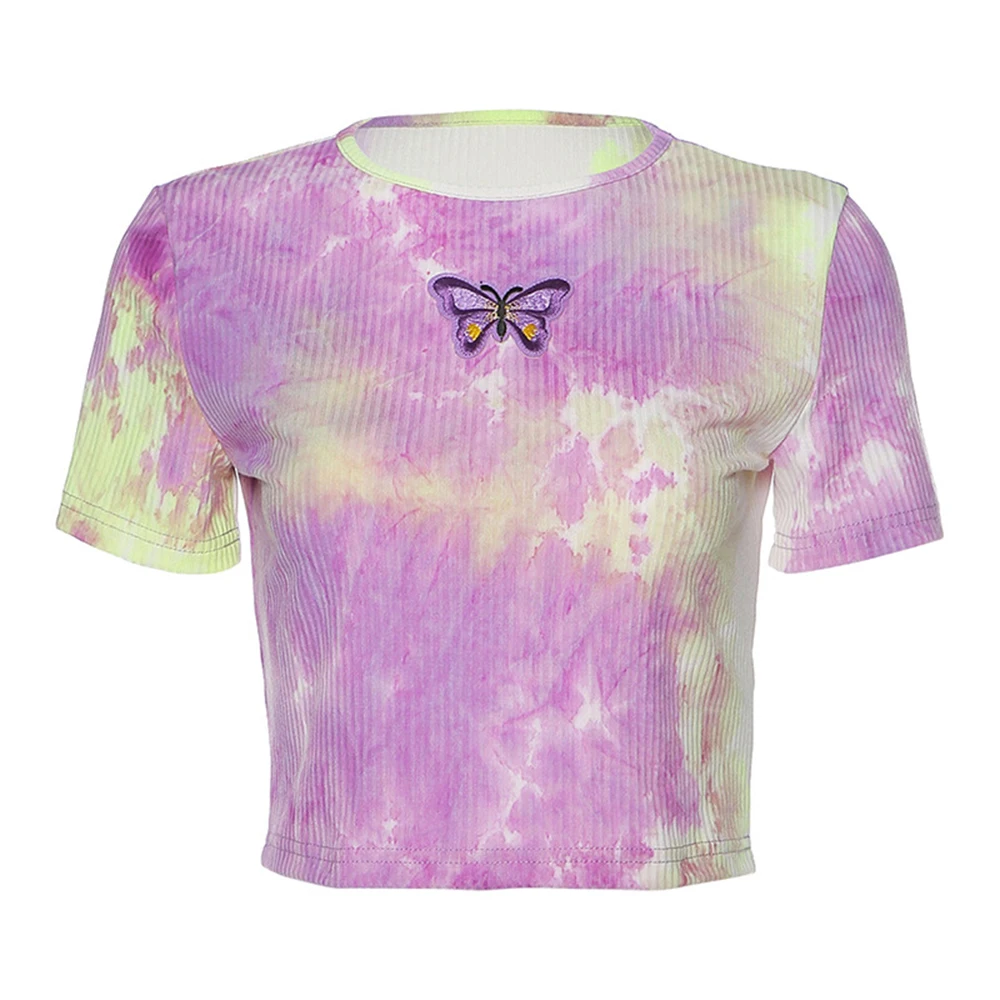 

Sexy Tie-Dye Print T-shirt Women Summer Pink O-Neck Butterfly Yoga Shirt Embroidery Slim Stretchy Casual Streetwear Crop Tops