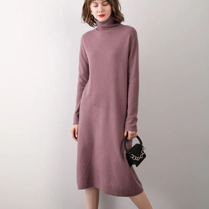 

2021 New style pure wool sweater women long over the knee pile neck sweater skirt loose warm knitted A-line dresses for women