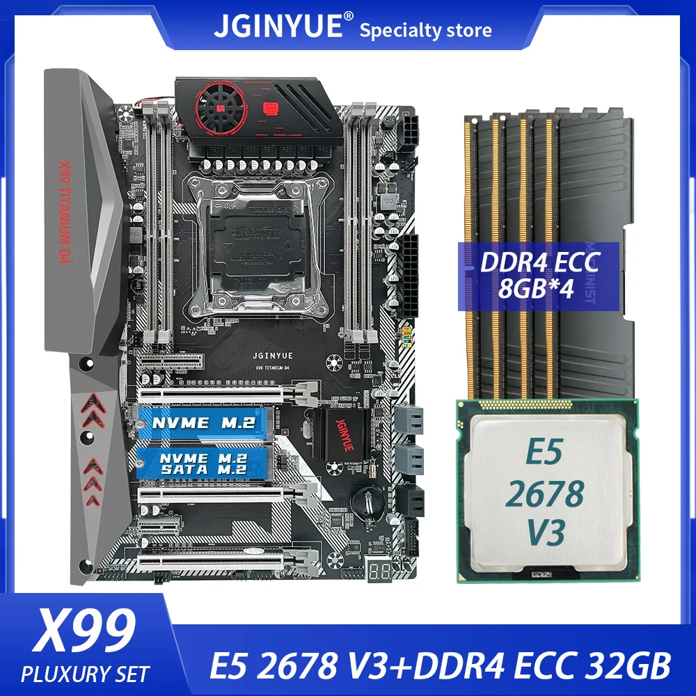 

Комплект материнской платы JINGYUE X99 LGA 2011-3 с процессором Xeon E5 2678 V3 32 Гб (8 Гб * 4) DDR4 ECC RAM SATA M.2 NVME X99 TITANIUM D4