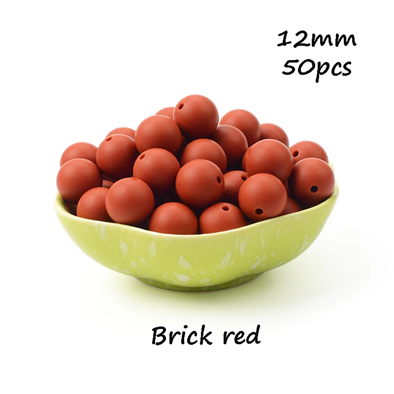 Brick red LOFCA, 12 мм, 50 шт./лот, бусины из пищевого силикона, Прорезыватель для зубов, круглые бусины, Детская жевательная для прорезывания зубов, Силиконовые Прорезыватели для самостоятельного изготовления - Цвет: Brick red